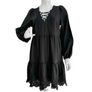 Black Boho Embroidered Mini A-Line Western Ruffles Frills V neck Women's Dress M
